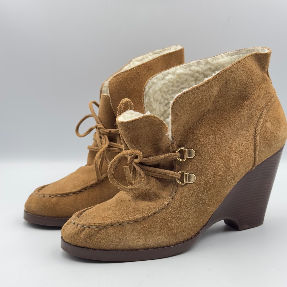 Michael Kors Tan‎ Suede Shearling Lined Wedge Ankle Boots Moc Toe Size 8.5M
